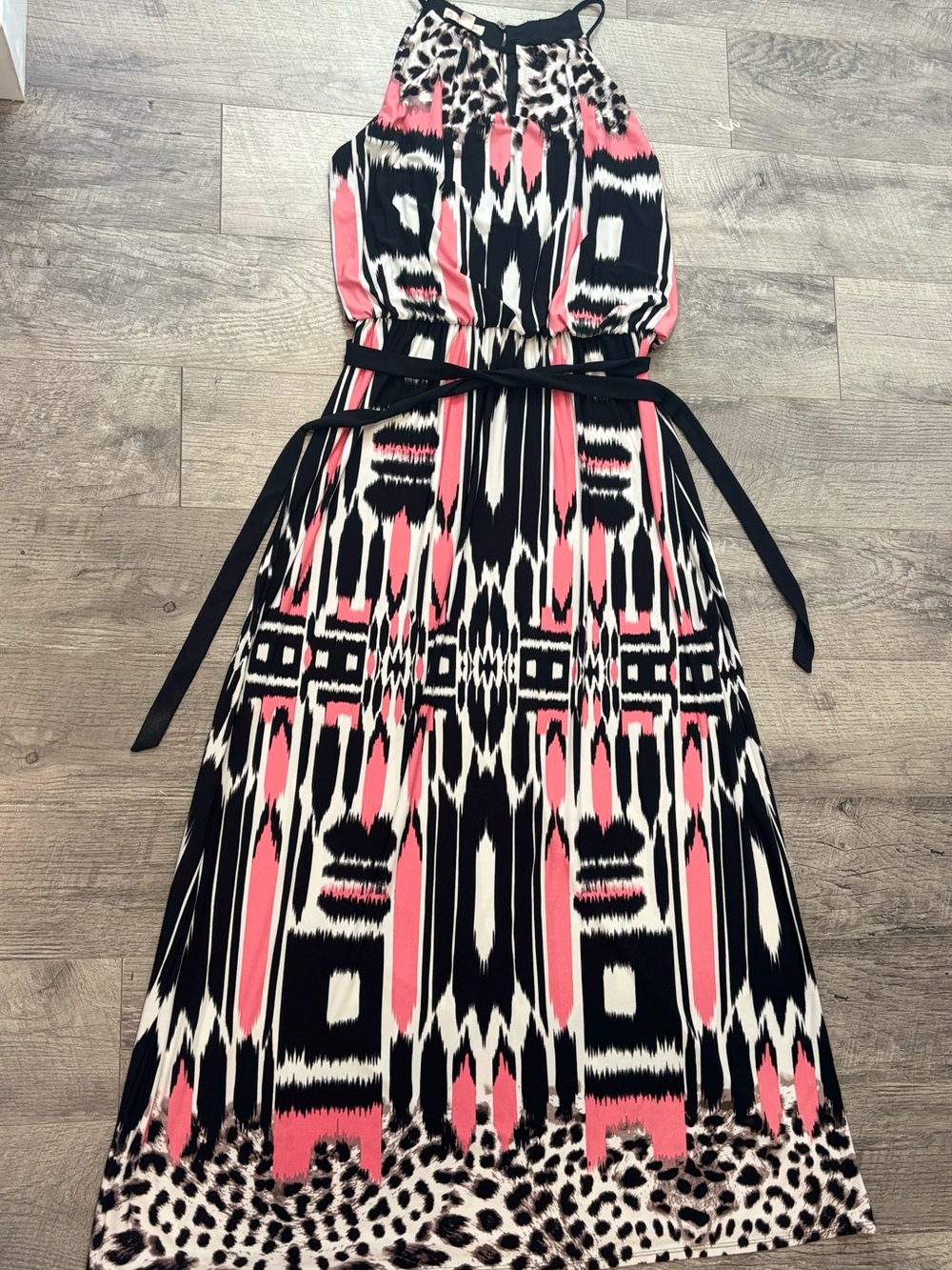 cb Leopard Animal Print Maxi Dress Women's 12 Black Pink White Halter Belt